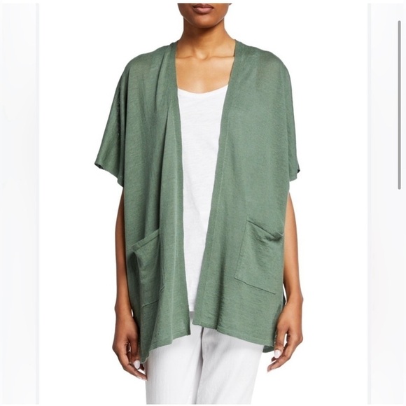 Eileen Fisher Short Sleeve Open Cardigan Nori Green Organic Linen Cotton XXS/XS - Picture 1 of 7